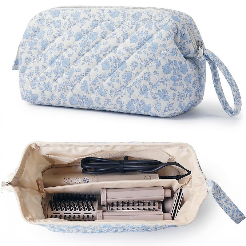 Quilted Hair Tools Travel Bag Compatible with Dyson Hair Dryer Airwrap, Floral Hair Tools Bag Compatible with Shark Flex Style Case, Hair Dryer, Curling Iron, Dustproof Travel Storage Organizer (Blue)