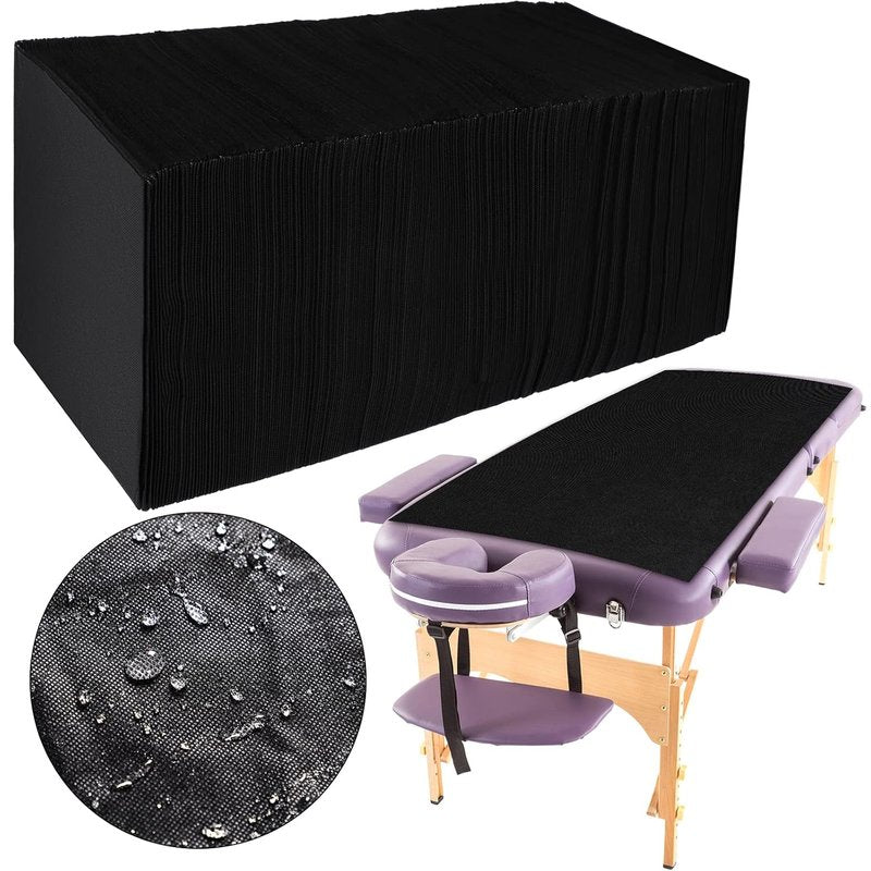 Kinlop Disposable Bed Sheets - 100 Pieces, Breathable Non-Woven Massage Table Covers | Black 31.5 x 71 Inch