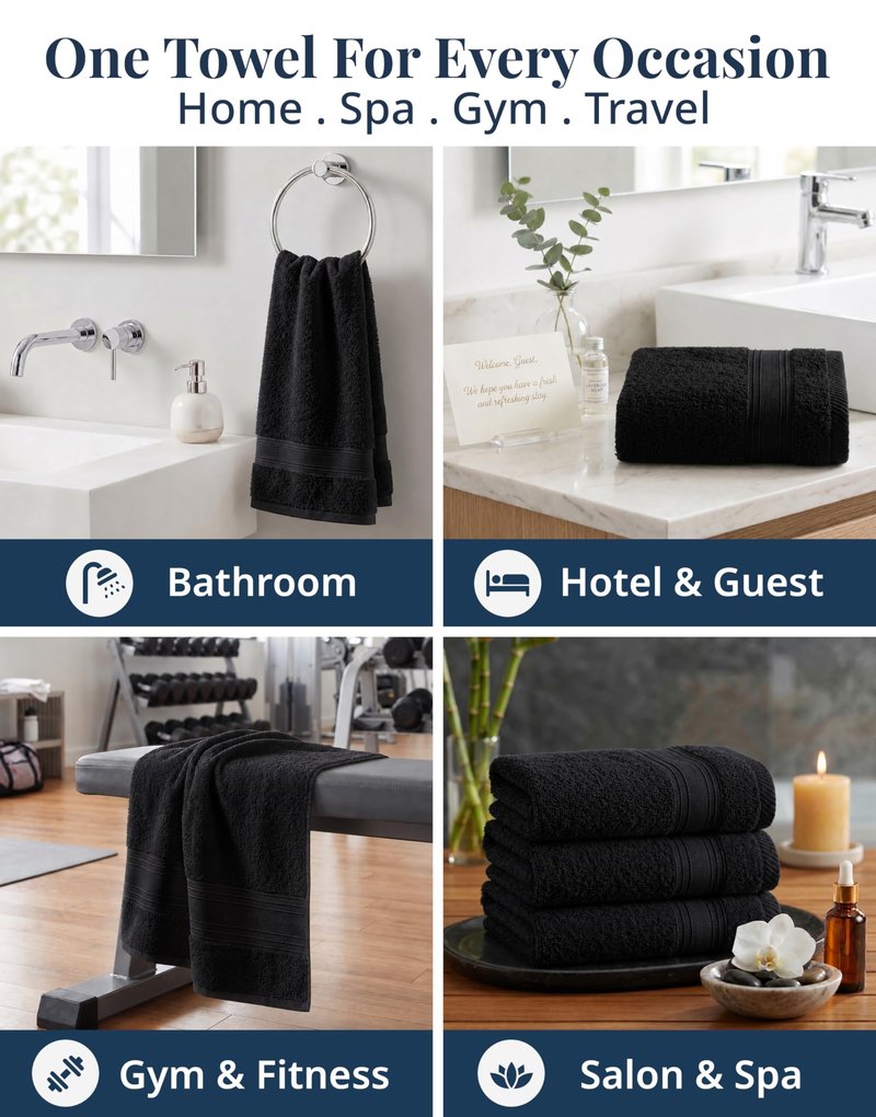 Black Hand Towels for Bathroom - 6 Pack (16"x28"), 100% Ringspun Cotton Hand & Face Towel - Soft, Prevent Fraying, Fade and Shrink Resistant - Daily Use Gym Towels for Men & Family Bathroom Hand Towel