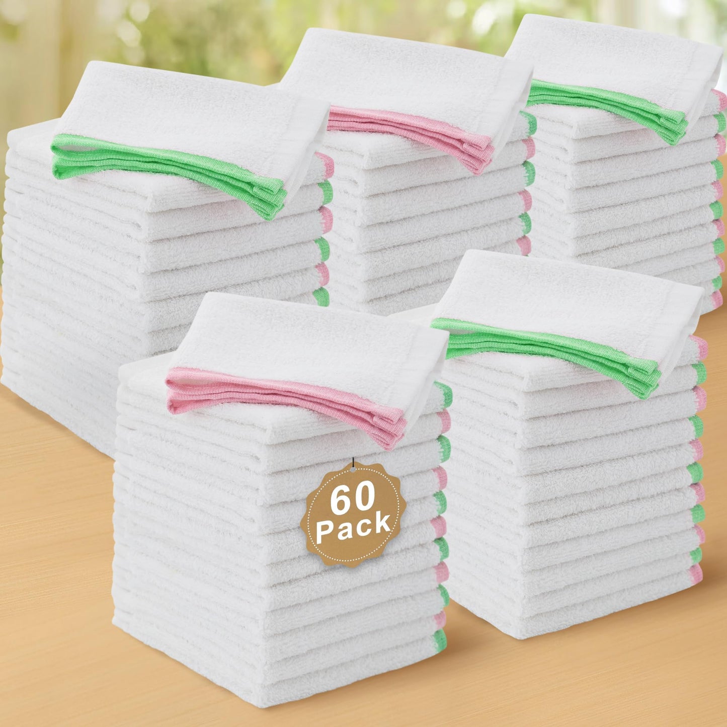 White Bar Rags, 60 Pack Reusable Cleaning Rags (12"x12") - 100% Cotton | Thick 500GSM | Odor-Free | Soft | Absorb, Washable Dish Cloths for Washing Dishes, Bar Mop Towels, Green + Pink Trim