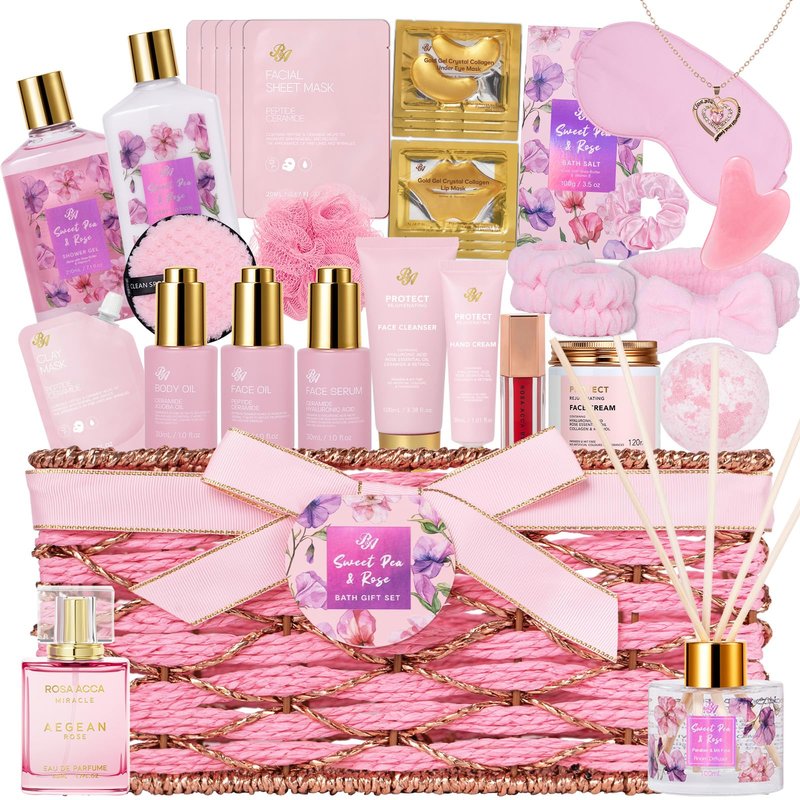 35 Pcs Mothers Day Gifts for Mom, Rose Bath & Body Gift Basket for Women, Facial Skin Care Set, Self Care Pampering Kit, Face Sheet Mask, Home Spa Basket, Anniversary, Wife, Birthday, Bridal Shower