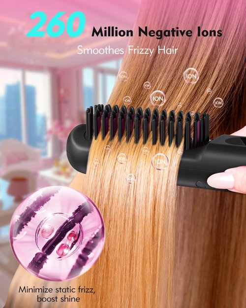 Easywave Cordless Hair Straightener Brush: Portable Straightening Comb for Travel, 9600mAh Batt, 200 Million Negative Ions - Hot Brush Hair Straightener for Women, USB Rechargeable, Anti-Scald
