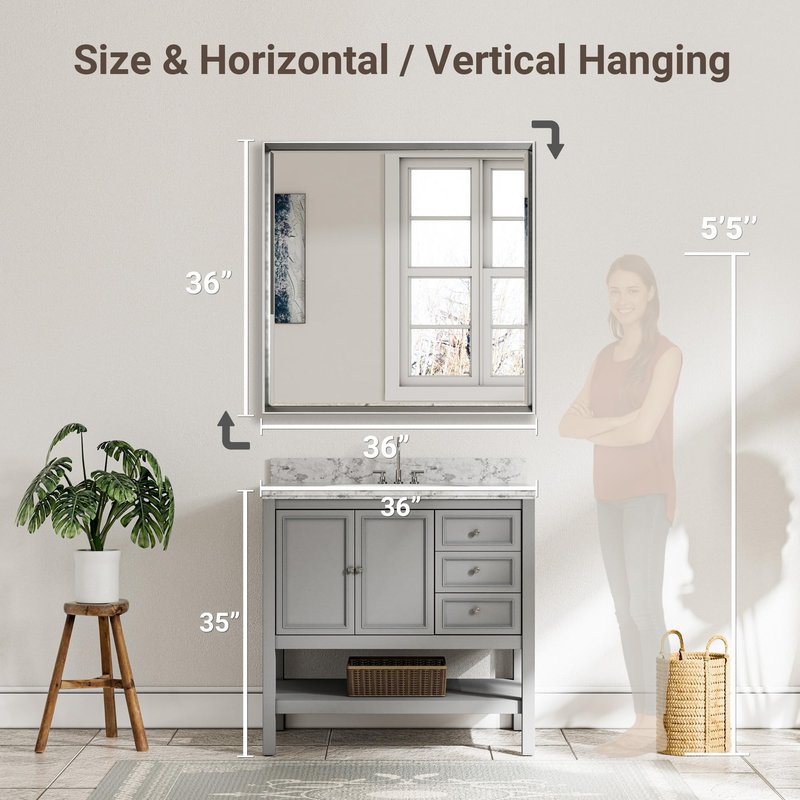 QueenFun Silver Bathroom Mirror, 30x36 Inch Beveled Silver Vanity Mirror for Bathroom Wall, Silver Metal Framed Mirror Anti-Rust, Silver Rectangle Wall Mounted Mirror for Bathroom(Vertical/Horizontal)