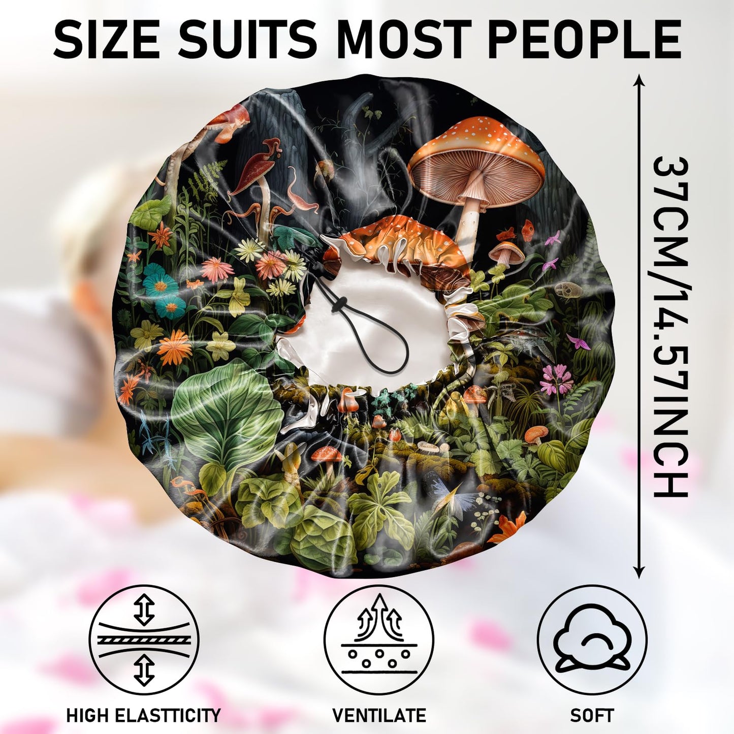 Zewurtuw Luxury Shower Cap Adjustable Reusable Double Waterproof Layer Elastic Satin Lined Hair Bath Cap Cute Aesthetic Women Girls-Mushroom