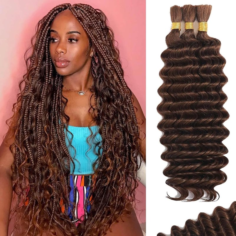 Skiennix Human Braiding Hair - Wet & Wavy Deep Wave Extensions | 110g Boho Chocolate Brown 16-Inch 3 Bundles