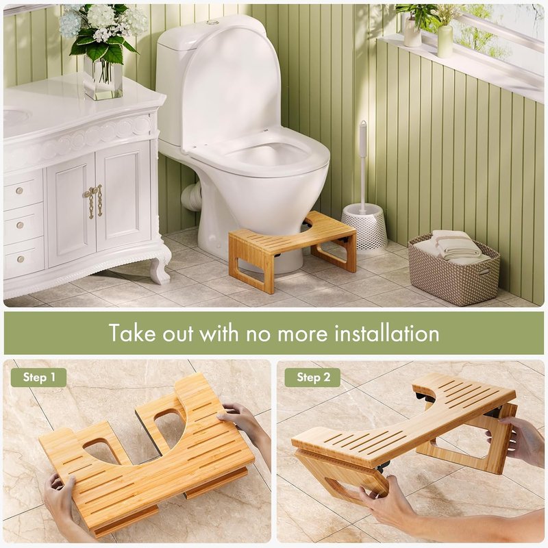 AmazerBath Bamboo Toilet Stool - 7 Inch Foldable Squatting Potty Stool for Adults | Non-Slip, Space-Saving Design