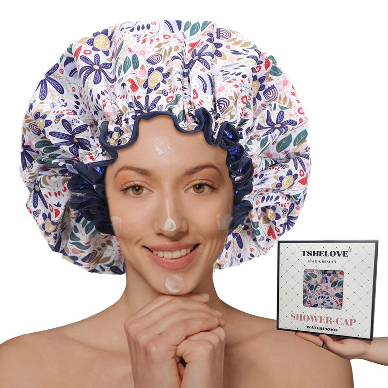 Reusable Shower Cap for Women Double Layered Shower Caps Bonnet with Adjustable Elastic Strap, Leakproof Nonslip Large Satin Lined Shower Bath Cap