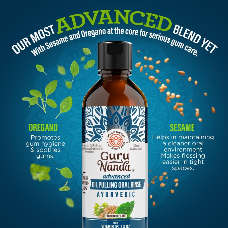 GuruNanda Advanced Oil Pulling Mouthwash for Enhanced Oral Care with Sesame & Oregano Oil, Promotes Deep Cleaning for Healthy Teeth & Gums, with Toothbrush and Tongue Scraper, Alcohol-Free, 8 Oz