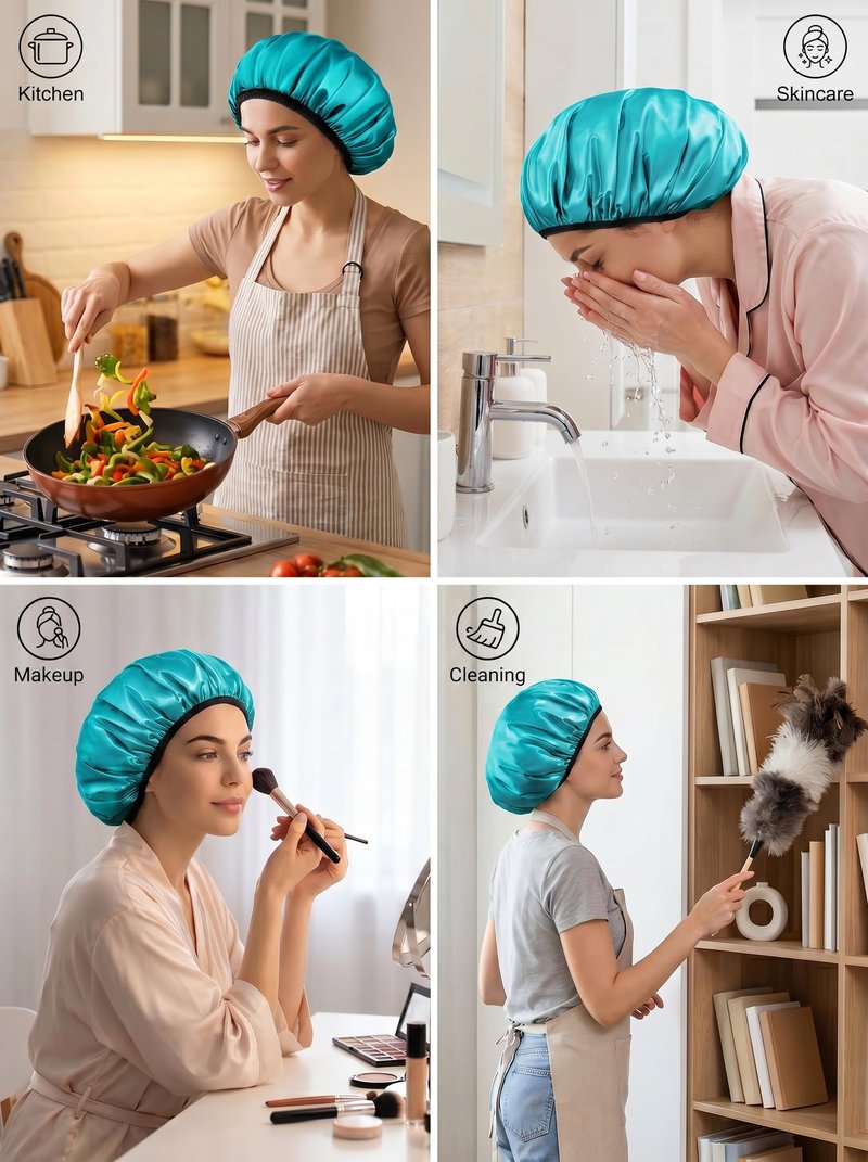 Aquior Shower Cap,Extra Large Triple Layer Bathing Cap with Dry Hair Function for Women Microfiber Terry Cloth Silky Satin 100% Waterproof Reusable Long Hair Bath Caps (Green)