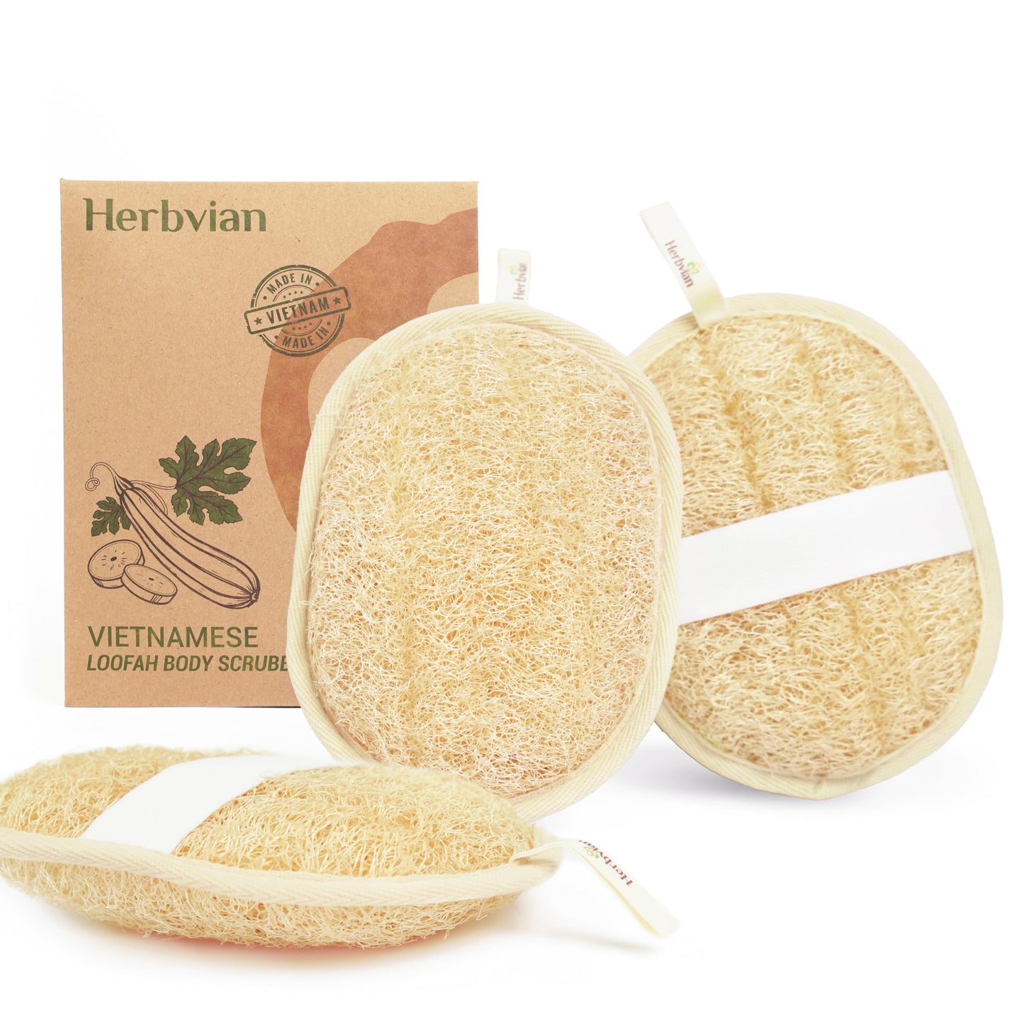 Herbvian Vietnamese Natural Loofah Exfoliating Body Scrubber Pads, 100% Plant-Based Shower Luffa Sponge, Bath Loofah for Women Men (3, Oval 6.5"x4.9")
