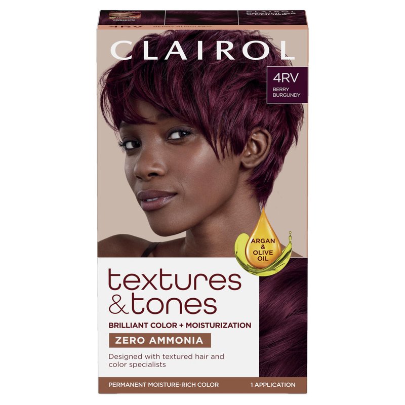 Clairol Textures & Tones Permanent Hair Dye, 4RV Berry Burgundy Hair Color | Ammonia-Free | Moisture-Rich Formula with Argan, and Olive Oil for Brilliant Shine | Pack of 1