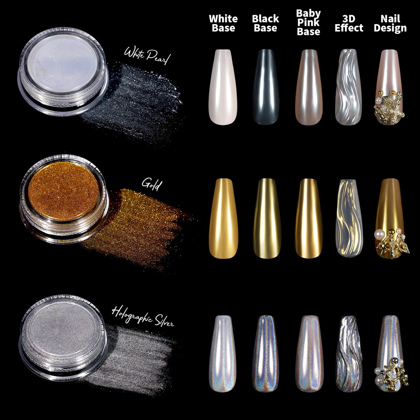 Teenitor Gold Chrome Nail Powder Kit with Nail Charms And Gems, Pearl Nail Chrome Powder for Nails, Silver Crome Powder for Gel Nails, Nail Supplies Nail Decor