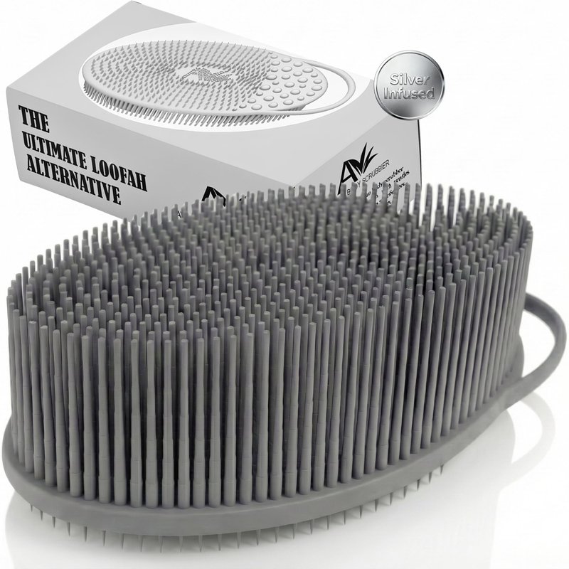 Avilana Silver Edition Exfoliating Body Scrubber - Silver-Ion Infused Silicone Bath Brush, ISO Tested Dual Sided, Stays Fresh Firm Bristles Smooth Rough Bumpy Skin Texture Loofah Alternative Women Men