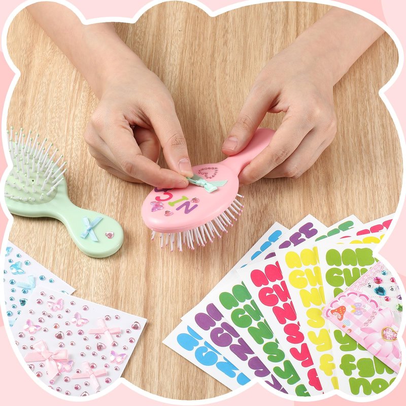 Acellegic 12 Packs DIY Princess Hairbrush Kits Princess Party Bow Diamond Alphabet Sticker Make Your Own Hair Brush with Gem Painting for Birthday Party Art Activities DIY Crafts
