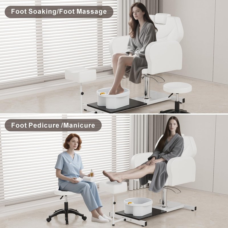 KIGOTY Pedicure Chair No Plumbing for Nail Tech, 360° Swivel Nail Tech Pedicure Chair for Salon with Massage Bath Bowl & Footrest, Height Adjustable Reclining Foot Station Unit, Foot Spa Chairs, White
