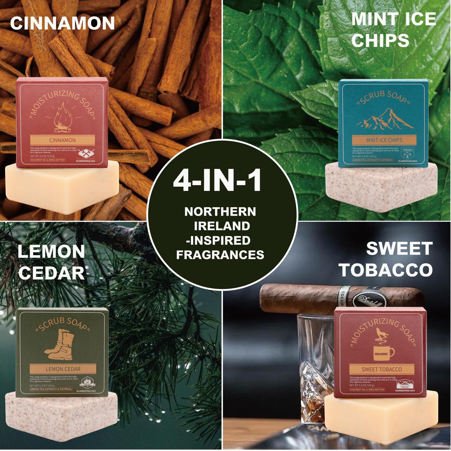 Rinse & Robust Mens Bar Soap Cleansing Bar Moisturizing & Exfoliating Scrub Soap Gift Set for Men | 4 in 1 Face Body Hand Beard Wash | Cinnamon, Lemon Cedar, Mint Ice Chips, Tobacco | 5.3 oz of 4 Bars