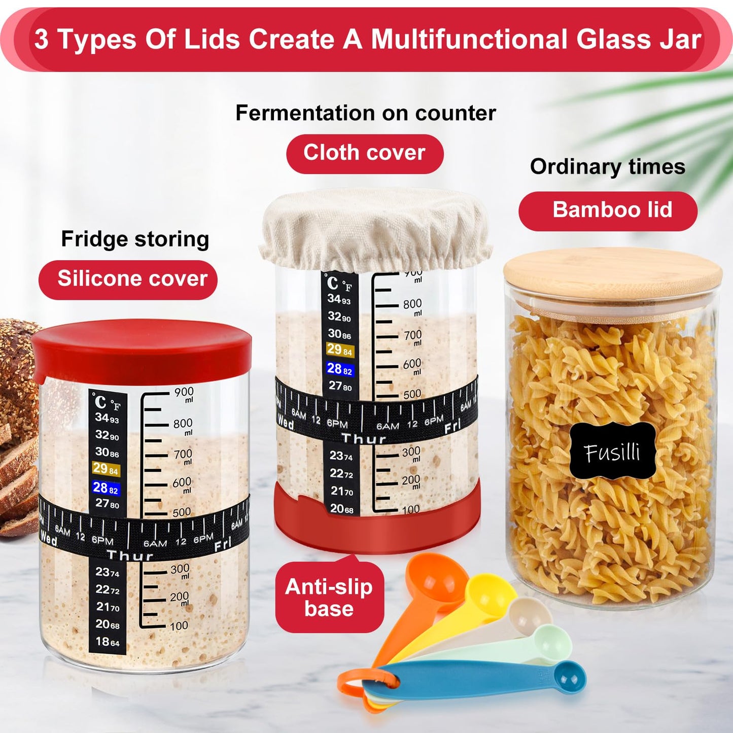 Sysmie Complete Sourdough Bread Starter Kit - 34oz Large Sourdough Bread Baking Supplies, Glass Sourdough Jar with Wide Mouth, Fermentation Jar for Sourdough Bread Loaf Flour with Measuring Spoon