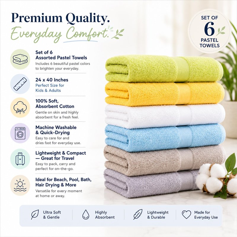 Groko Textiles Small and Lightweight Cotton Towels Assorted Pastel Mix 24 x 40 inches Towels (6) Perfect Size for Hair Drying and Small Children