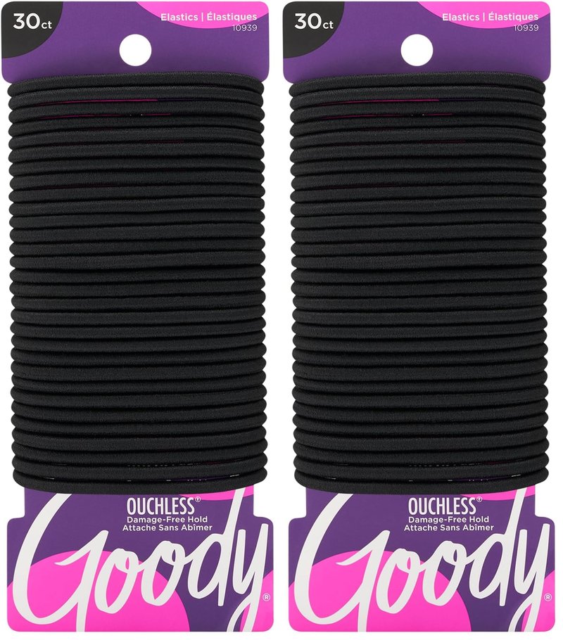 Goody Ouchless Hair Elastics - No Pull, No Breakage, Tangle-Free Hold for Thick, Curly, Coily & Textured Hair, Black, Long-Lasting Ponytail Holders for Women & Men, 30 Count (Pack of 2)
