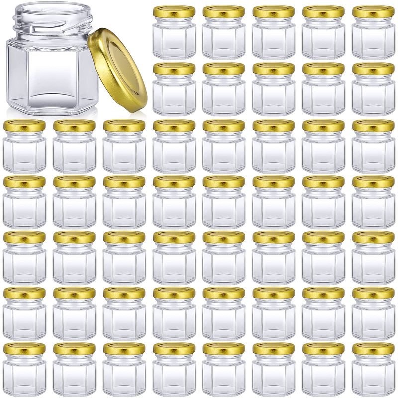 Nuogo 100 Pack 1.5oz Mini Hexagon Glass Jars Bulk for Wedding Small Honey Jars with Lids Spice Jars Canning Jars Mason Jars for Gifts Candy Honey Wedding Party Favors DIY Crafts