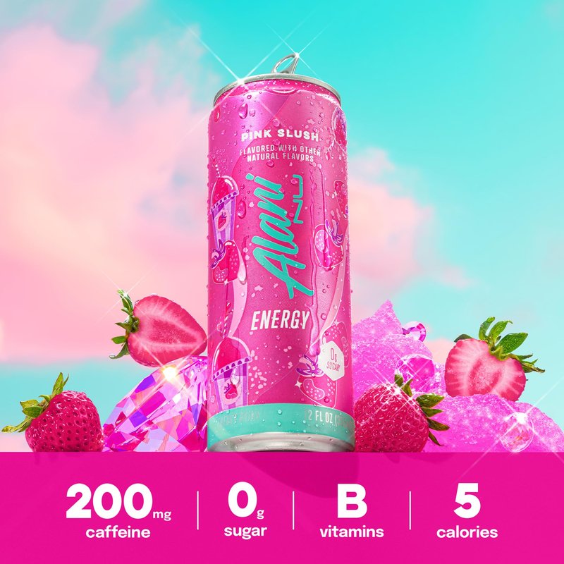 Alani Nu PINK SLUSH, Sugar Free, Low Calorie Energy Drinks, 200mg Caffeine, Biotin, B Vitamins, Zero Sugar, 10 Calories, 12 Fl Oz Cans, 12 Pack