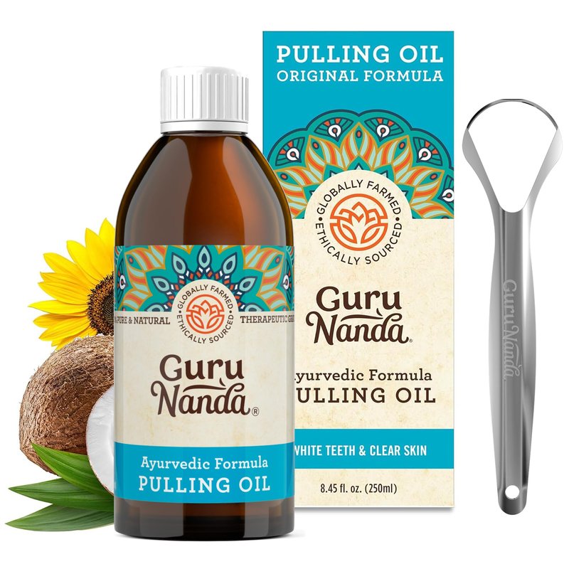 GuruNanda Original Oil Pulling Mouthwash, Promotes Deep Cleaning, with Coconut & Sesame for Teeth & Gum Health & Fresh Breath, with Tongue Scraper, Alcohol-Free, 8.45 Fl Oz
