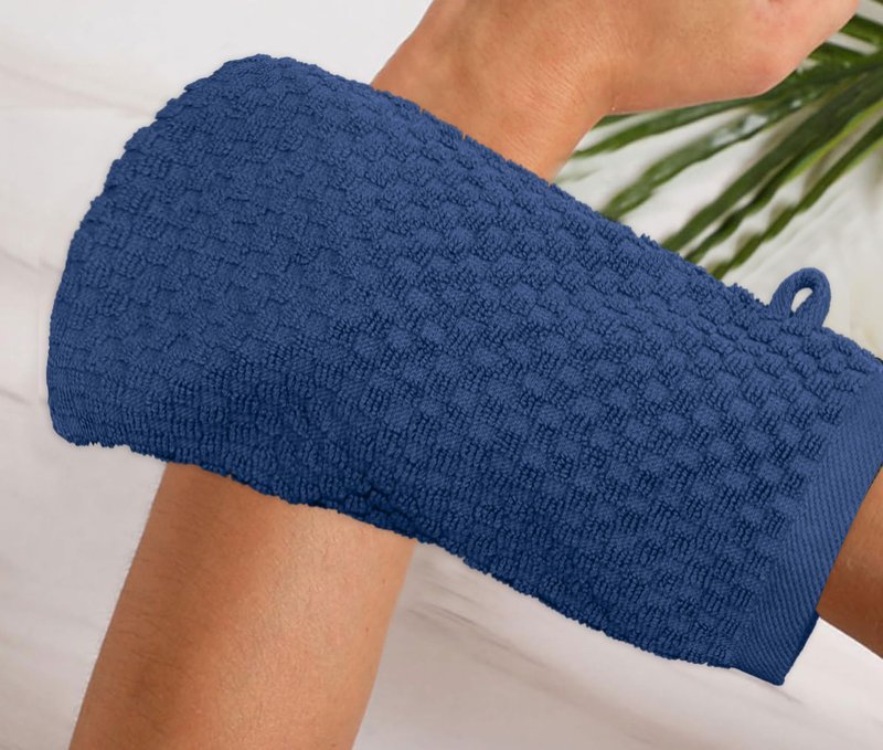 COTTON CRAFT Bath Mitt - Exfoliating Glove - Set of 6 Euro Spa Waffle Weave Towel Mitts - 100% Cotton Body Shower Glove Washcloth with Hanging Loop - Sensitive Skin Friendly - Large 5.5x10 - Blue