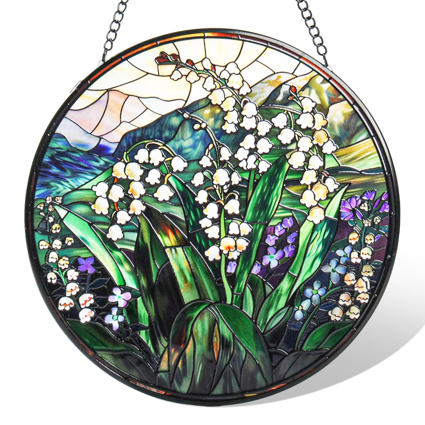 Staied Glass Window Hanging, White Green Lily Sun Catcher for Door Terrace Garden Kitchen Home Decor, Plants Flowers Suncatchers for Christmas Mother's Day Birthday Gift for Women Men Mom Nana 9.8 in