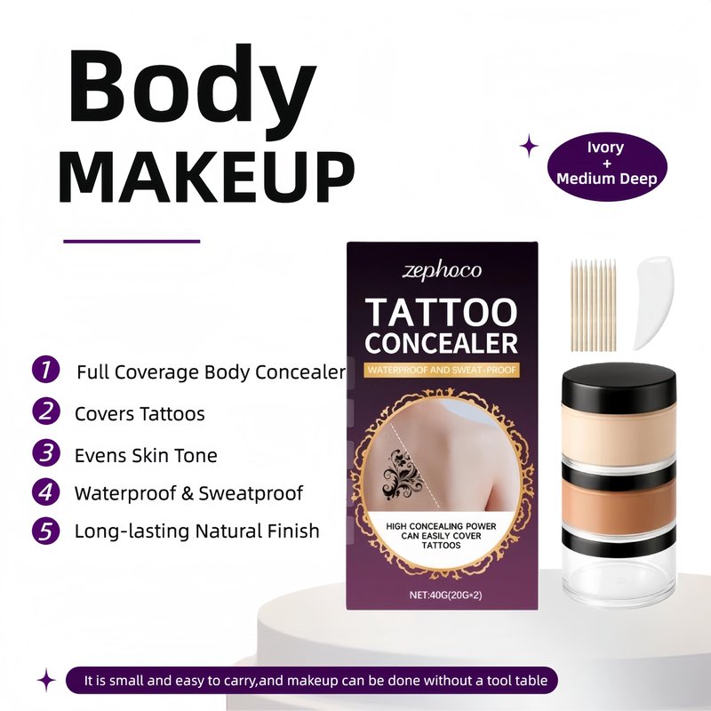 Full Coverage Tattoo Cover Up Cream – Waterproof, Sweatproof Body Concealer for Scars, Birthmarks and Dark Spots – Blendable Dual Shades (Ivory & Medium Deep)