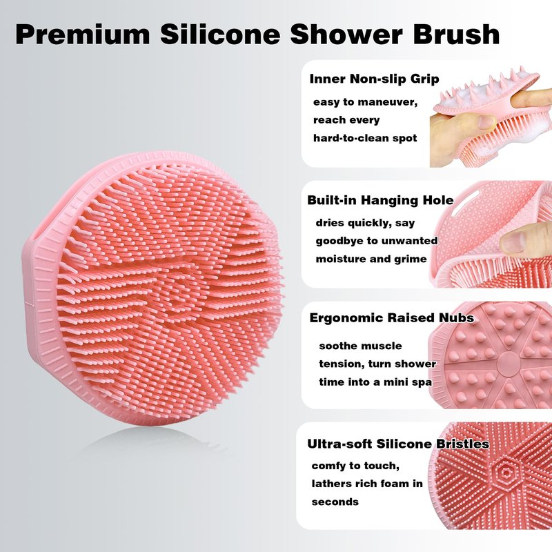 PeaKalo Silicone Body Scrubber for Men Women, Dual-Sided Bath Brushes Gentle Exfoliating Body Scrubber Scalp Massager for Deep Cleansing, Soft Silicone Loofah Body Washing Brushes (Pink)