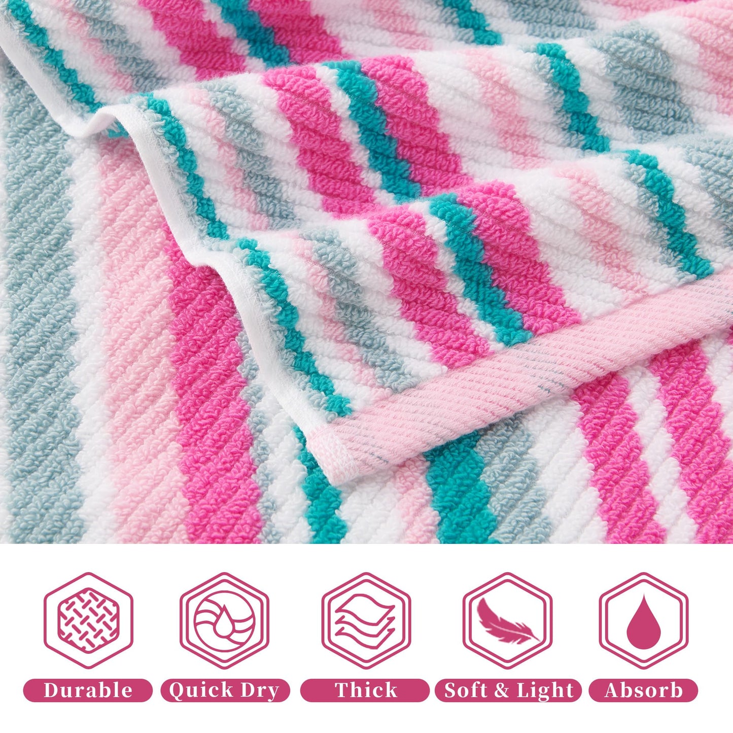 VOOVA & MOVAS Pink Soft Washcloths Set (6PC, 100% Cotton), Wash Cloth 13" x13, Striped Absorbent Washcloths Set for Bathroom & Guest, Luxury Wash Cloths Gift Set, Pink and Aqua Stripe