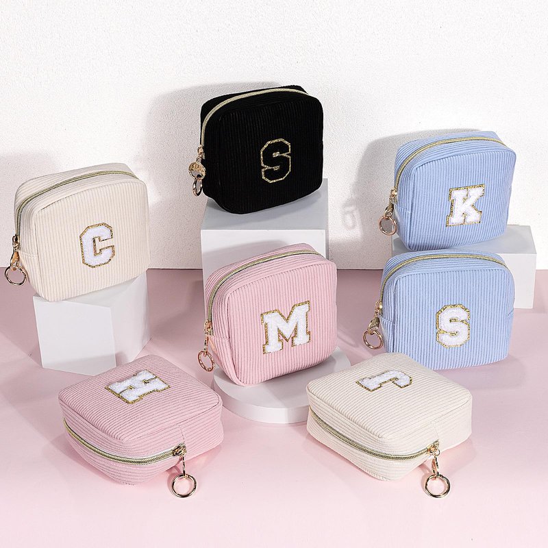 Playexen Small Initial Makeup Bag, Beige Corduroy Personalized Cosmetics Bag with Ring Buckle, Monogram Cute Travel Toiletry Pouch Purse, Birthday/Wedding/Party Gifts (Letter S)