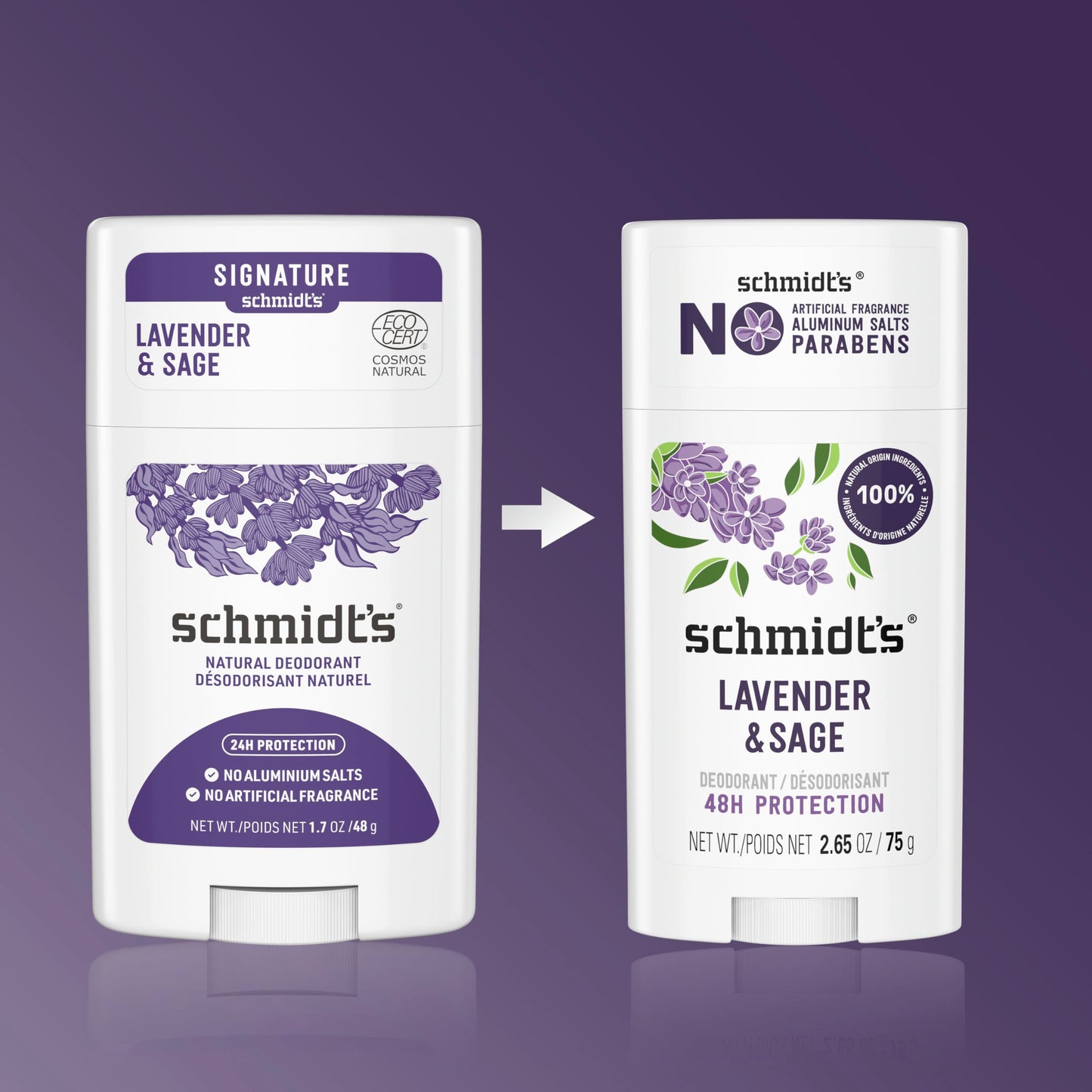 Schmidt's Aluminum-Free Vegan Deodorant Lavender & Sage with 24 Hour Odor Protection, for Women and Men, Natural Ingredients, Cruelty-Free, 2.65 oz