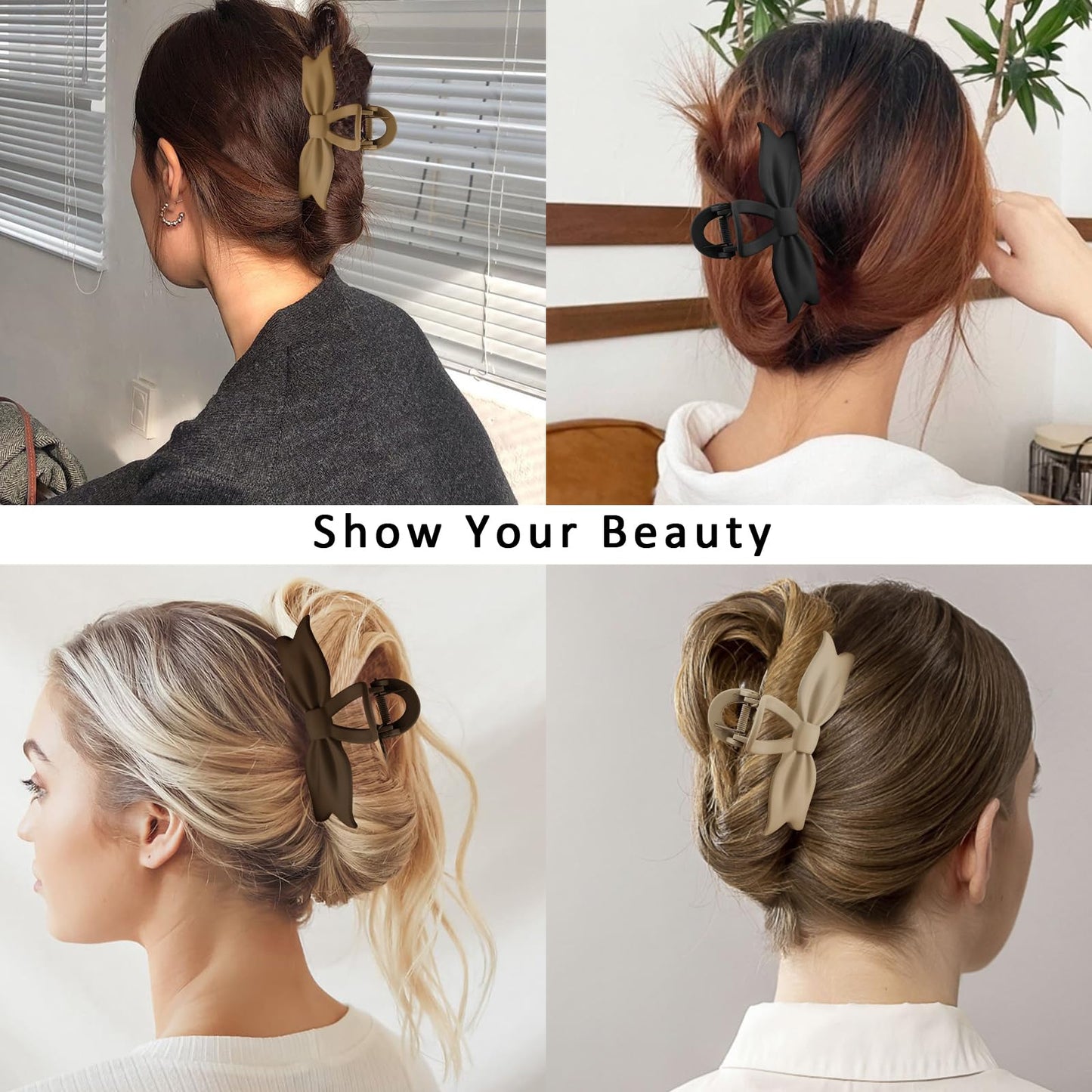 Amariver 4 Packs Large Claw Bow Hair Clips for Women - Non-Slip Strong Hold Matte Neutral Stylish Accessories for Thick or Thin Hair