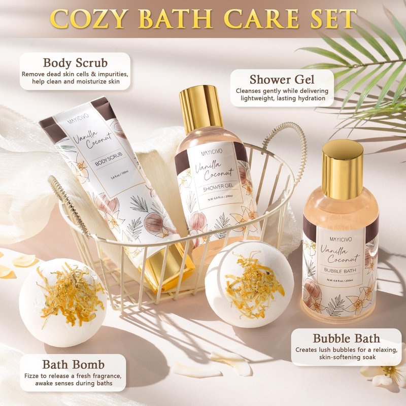 Mothers Day Birthday Gifts for Women, Vanilla Coconut Relaxing Spa Gift Baskets for Women Self Care Package Bath Gift Set, Home Bath and Body Kit Pampering Gifts for Womens Her Mom Friends Sister Wife