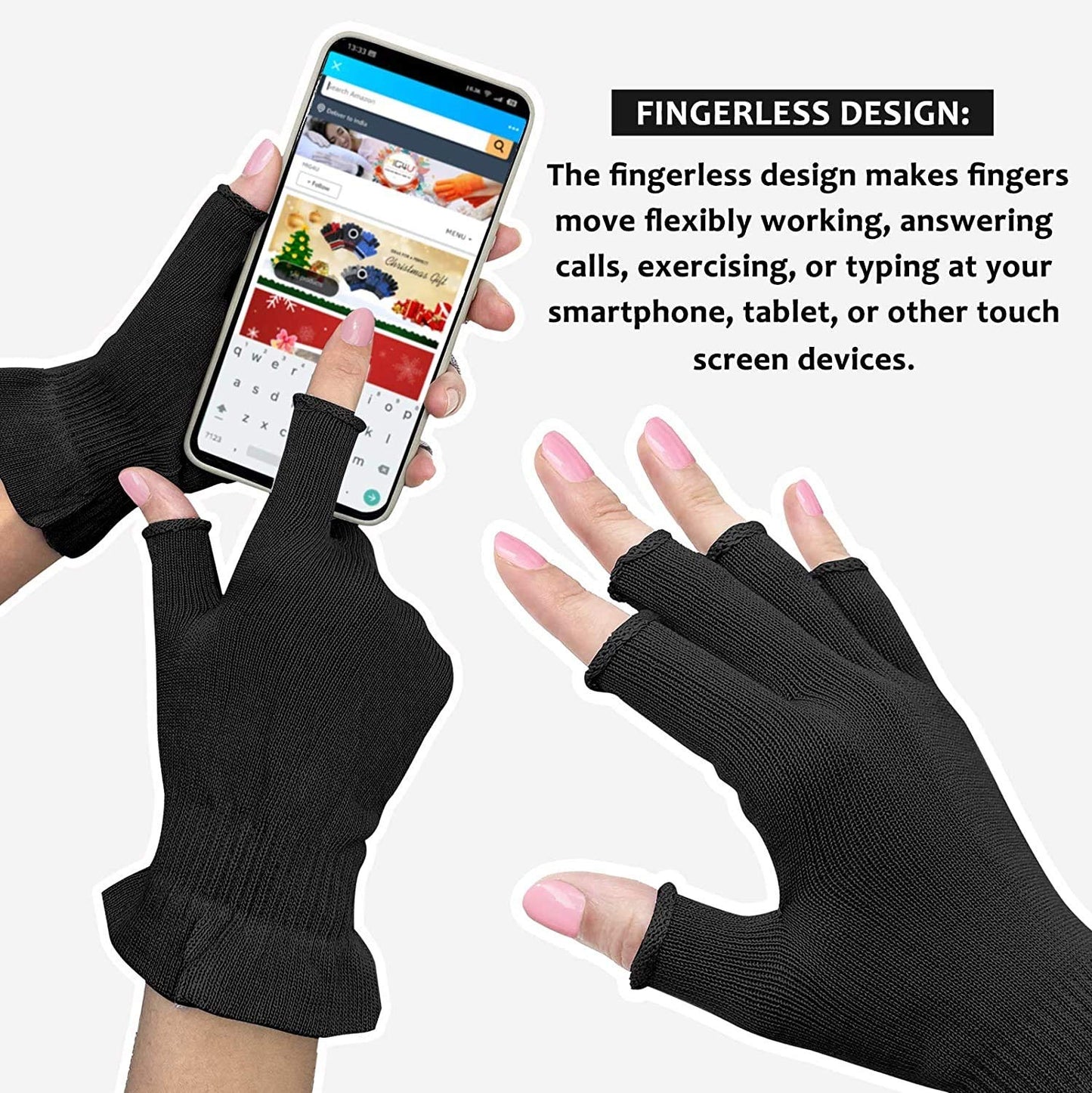 MIG4U Fingerless Moisturizing Gloves, Half Finger Touchscreen Beauty Glove for Eczema, SPA, Dry Hands, Skin Treatment, Summer Sun UV Protection (S/M, Black-1pair)