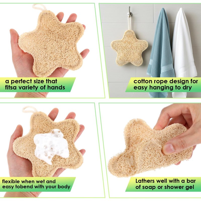 QFGasre 2PCS Travel Loofah Exfoliating Body Scrubber Made with Natural Egyptian Shower Loofah Sponge Shower Exfoliator for Women and Men (Stars Shape