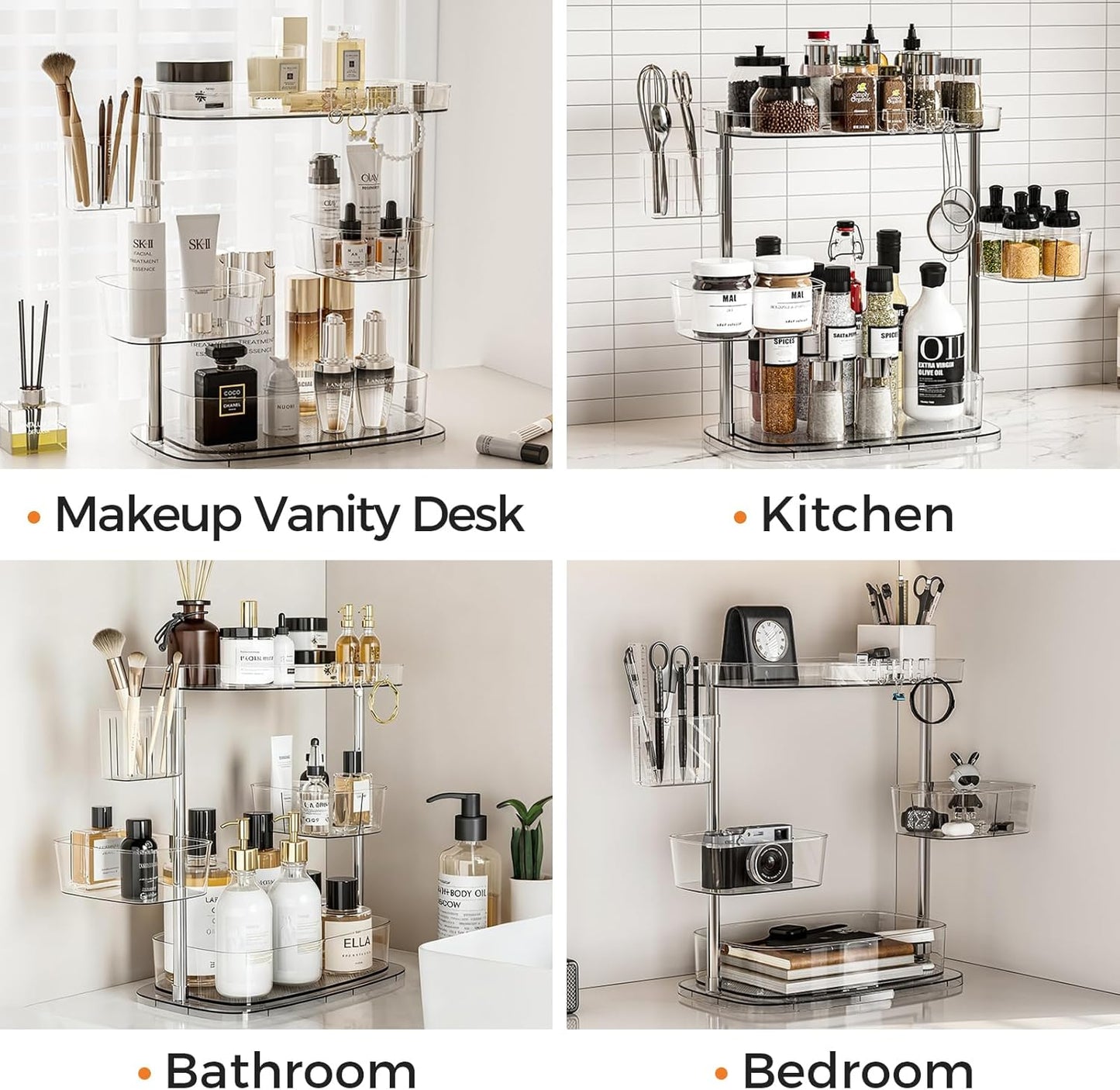 Skiennix Rotating Makeup Vanity Organizer - Stylish Bathroom Countertop Storage with Detachable Trays & Hooks