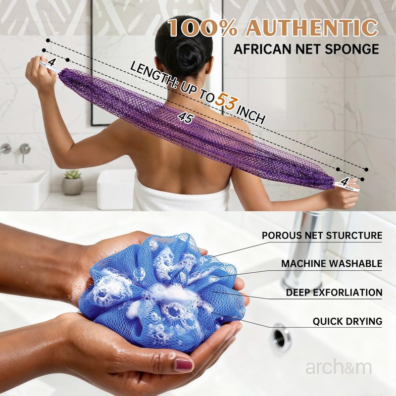 ARCH&M African Net Sponge Authentic 2 Pack - 53" Extra-Long Back & Body Scrubber for Women and Men, Exfoliating Shower Loofah Bath Sponge for Daily Use, Travel-Friendly Spa Gift