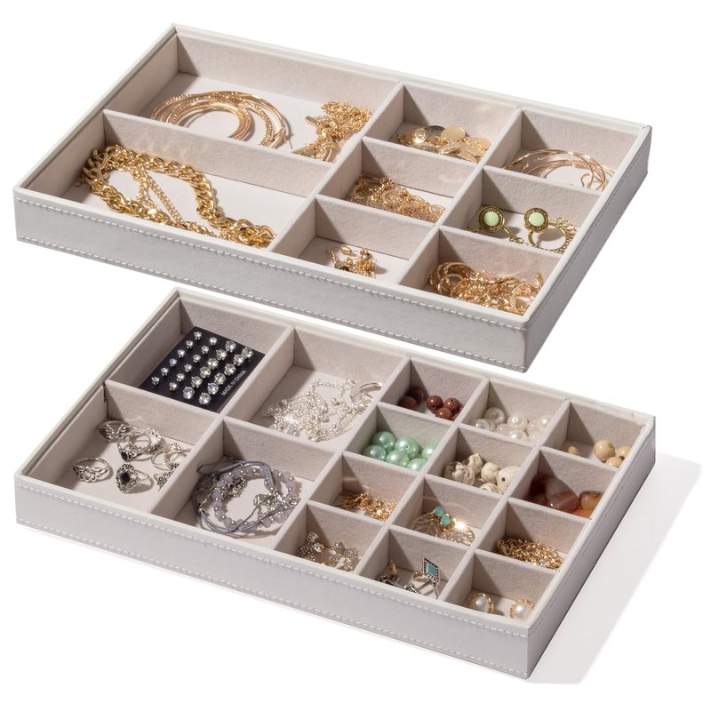 BINO | Jewelry Tray 2-Pack(Solid White) Stackable Jewelry Organizer Display | Accessories Holder and Display, Velvet Accent | Jewelry Display Case | Counter Showcase | Necklace, Bracelets, Earrings