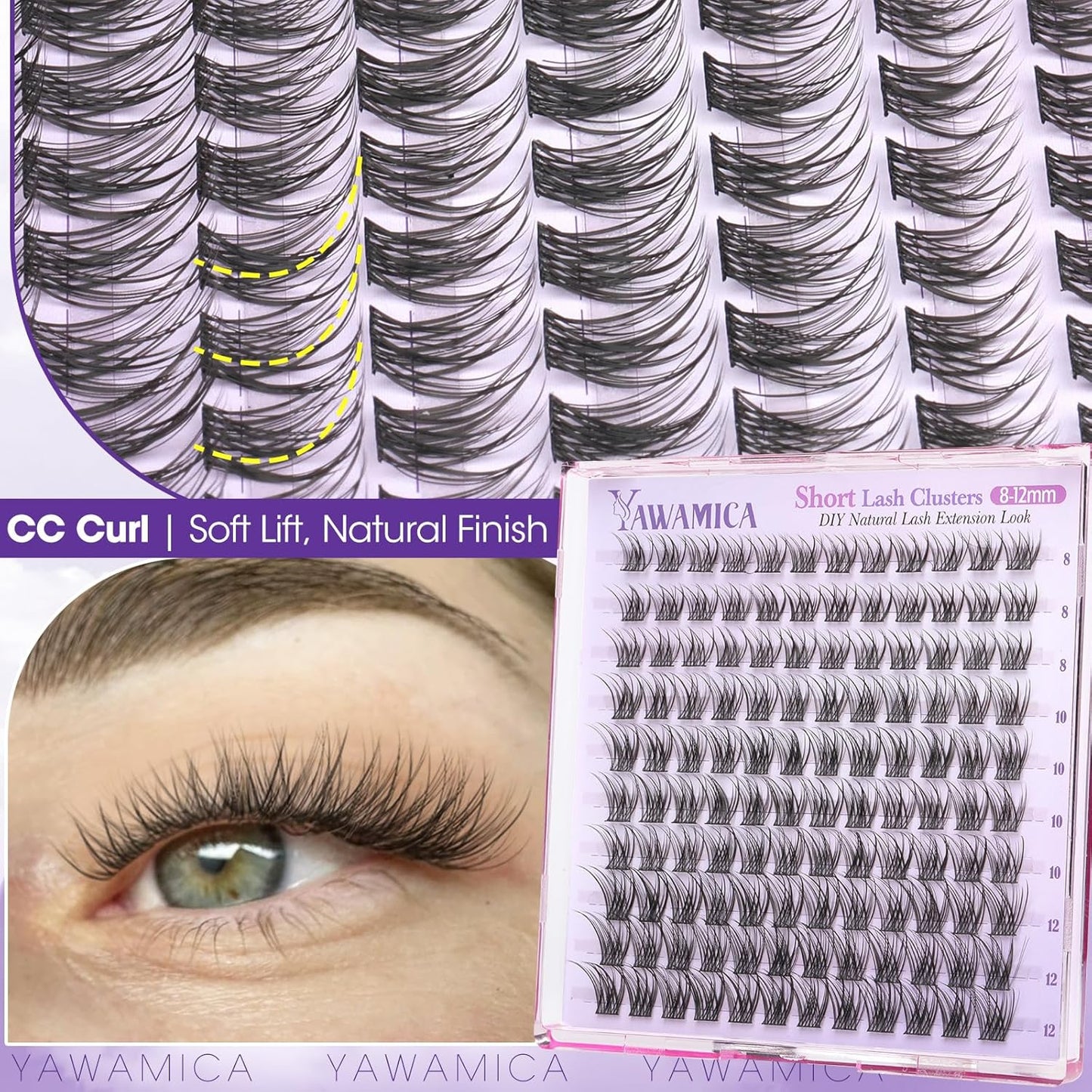 Yawamica Short Lash Clusters - 8-10-12mm Natural Eyelash Extensions with CC Curl | Beginner-Friendly Wispy Lashes