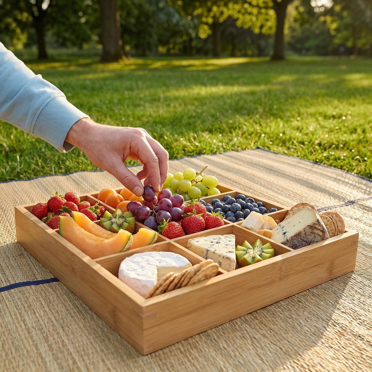 Cabilock 9-Compartments Wooden Divided Tray, Square Bamboo Serving Party Platter for Dry Fruits Snacks Candy and Dips, Space-Saving Shallow Drawer Organizer -13.2 x1.57 inch