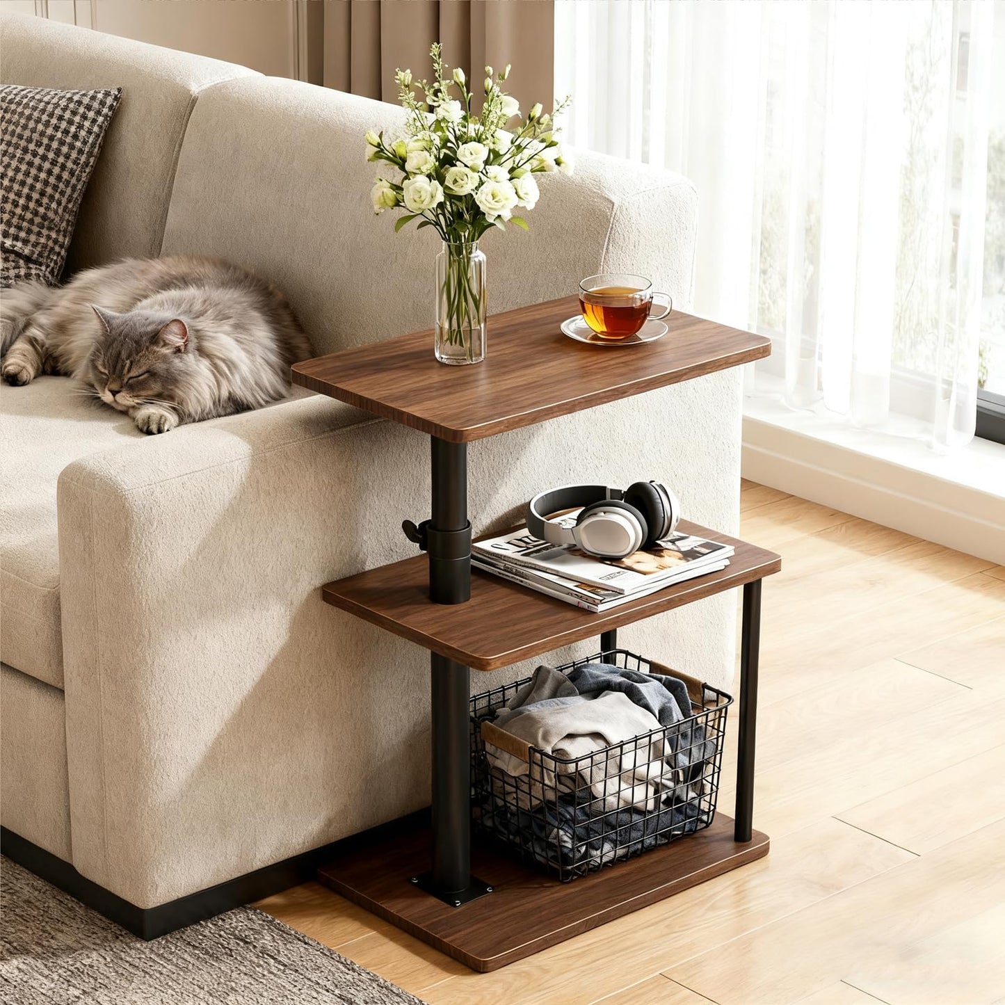 Faesun Swivel Side Table for Couch Arm, Height Adjustable C Shaped End Table for Recliner or Bed, Tv Trays with Storage Shelf for Small Spaces- Small Nightstand for Living Room, Bedroom