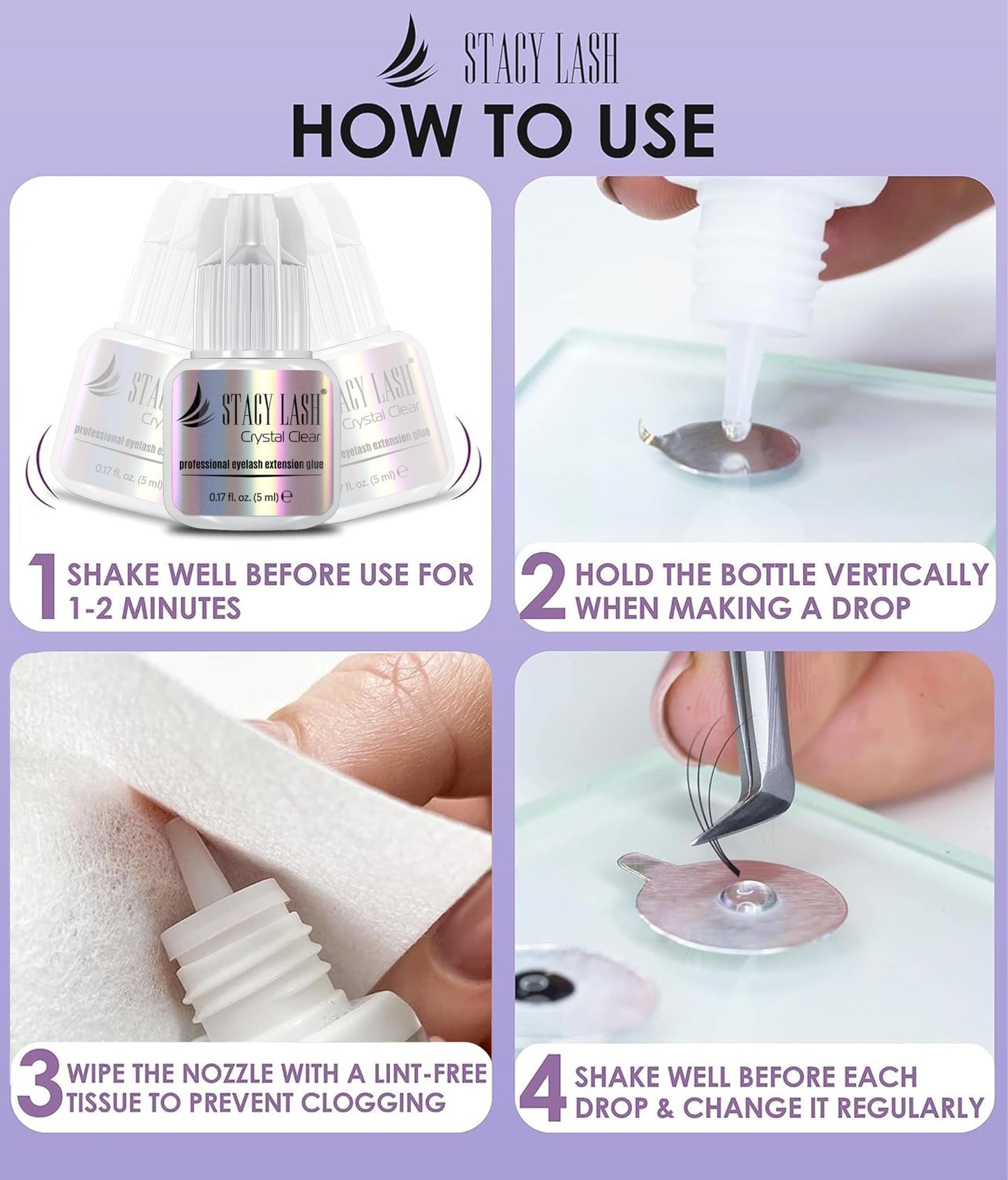 STACY LASH Crystal Clear Eyelash Extension Glue (0.17fl.oz/5ml)/1 Sec Drying Time/Retention – 8 Weeks/Transparent Adhesive/Lash Tech Supplies
