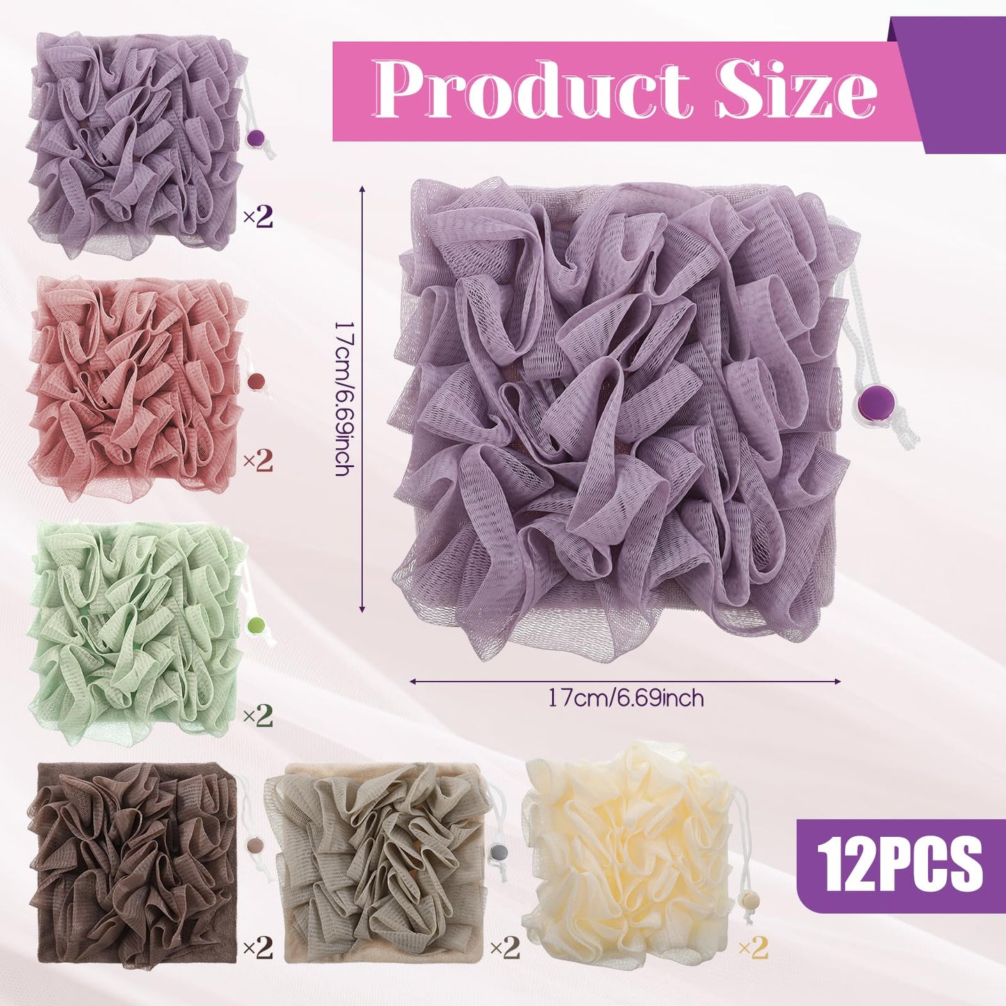 SHENLIU 12 Pack Loofah Washcloth Soap Bar Loofah, 2 in 1 Drawstring Exfoliation Bath Sponge with Bar Soap Pocket Exfoliation Mesh Shower Puff Ball Bath Shower Body Wash Cleansing Smooth Skin