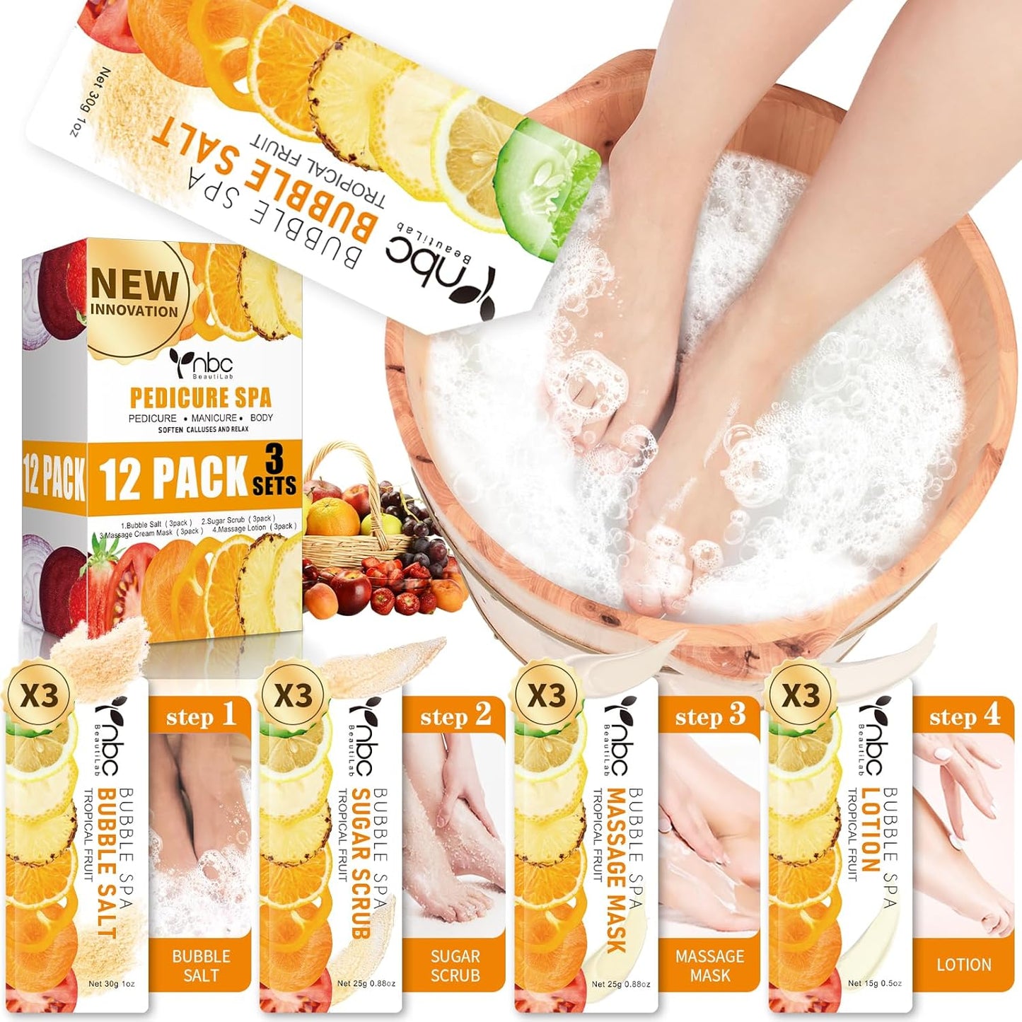 Skiennix Pedicure Kit - 4-Step Foot Spa Set with Bubble Salt, Sugar Scrub & Massage Lotion | Tropical Fruit