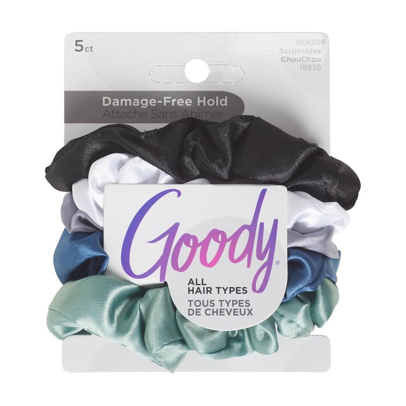 Goody Ouchless Satin Scrunchies - 5 Pack, Cool Tones, Gentle Damage-Free Hold for All Hair Types