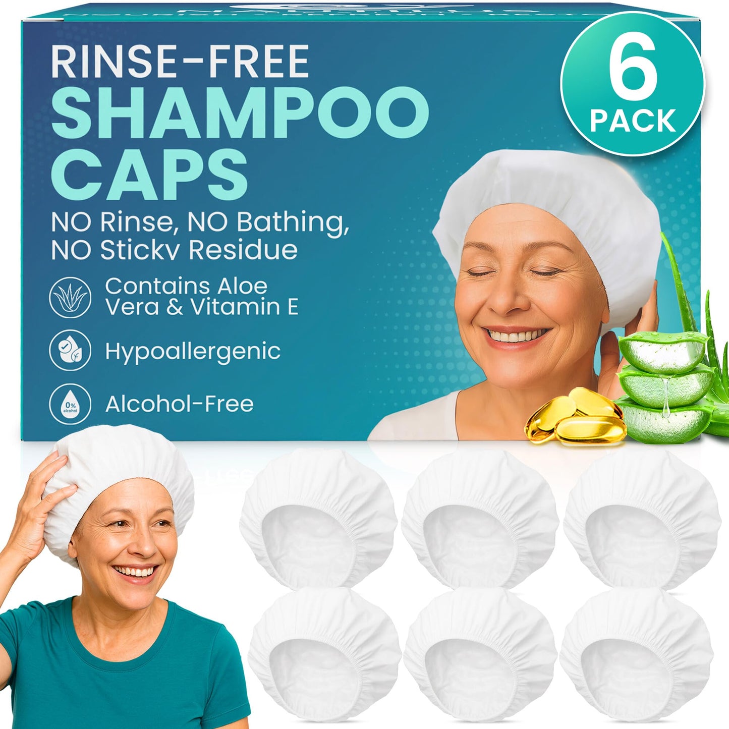 No-Rinse Shampoo & Conditioner Shower Cap, Waterless Hair Washing for Elderly, Bedridden, Hassle-Free Microwavable Hair Washing Cap infused with Aloe & Vitamin E – 6-Pack