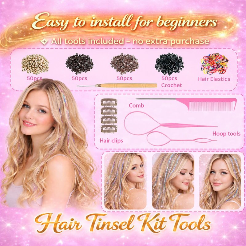 Gold Hair Tinsel, 8 Pcs Fairy Hair Tinsel Kit for Girls Women 48 Inch 3200 Strands with Tools Hair Accessories Glitter Tinsel Hair Extensions for Party Festival Christmas (Gold)