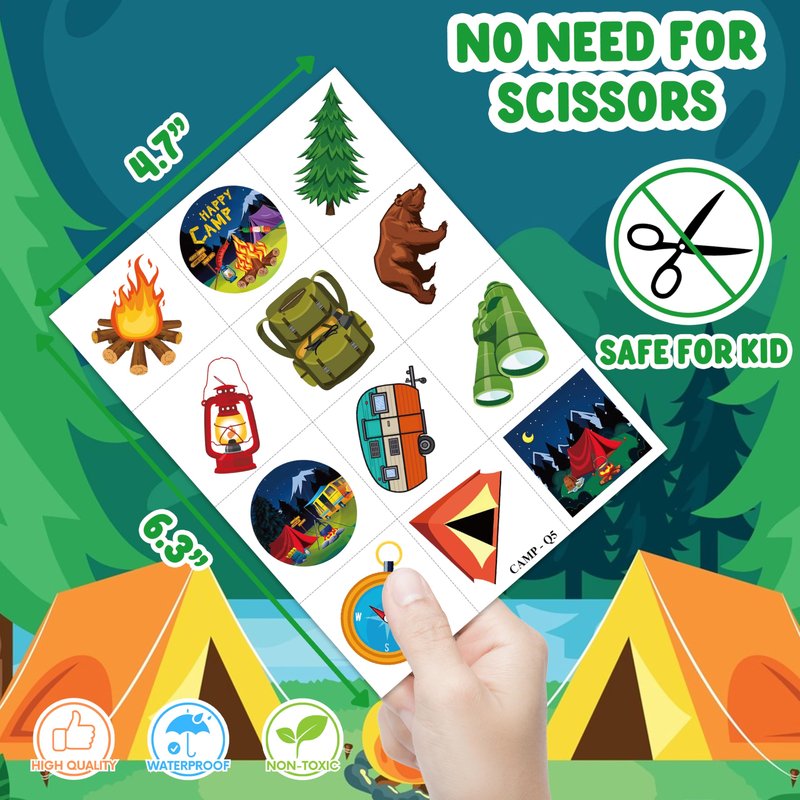 60 PCS Camp Camping Temporary Tattoos for Kids - Perfect for Classroom Rewards, Girls Scout Gifts, Birthday Party Supplies & Favors - Pre-Cut Super Cute Fake Tattoo Stickers (5 Sheets)